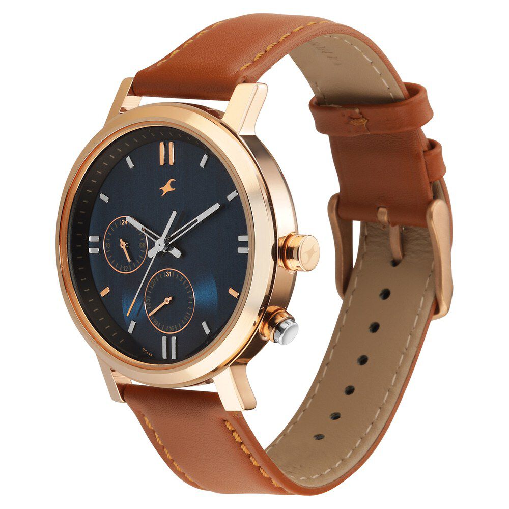 Fastrack Tick Tock Quartz Analog Blue dial Leather Strap Watch for Guys 3287KL03