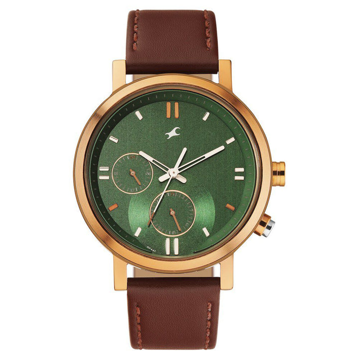 Fastrack Tick Tock Quartz Analog Green dial Leather Strap Watch for Guys 3287KL04