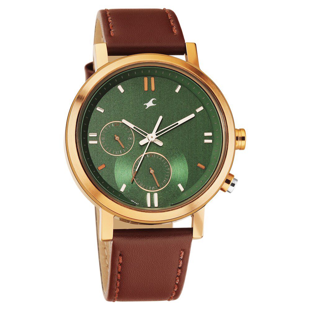 Fastrack Tick Tock Quartz Analog Green dial Leather Strap Watch for Guys 3287KL04