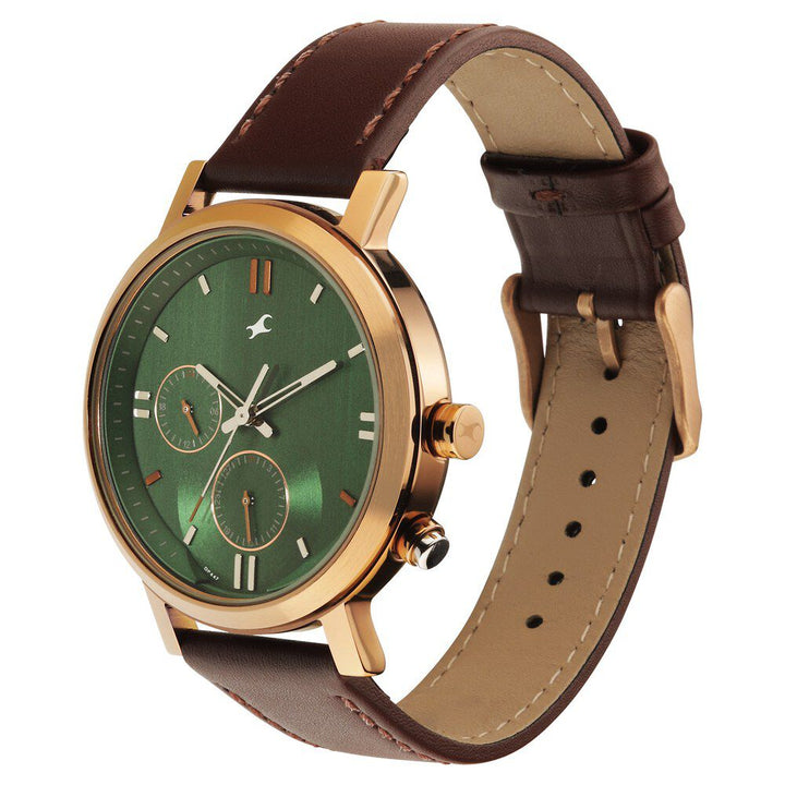 Fastrack Tick Tock Quartz Analog Green dial Leather Strap Watch for Guys 3287KL04