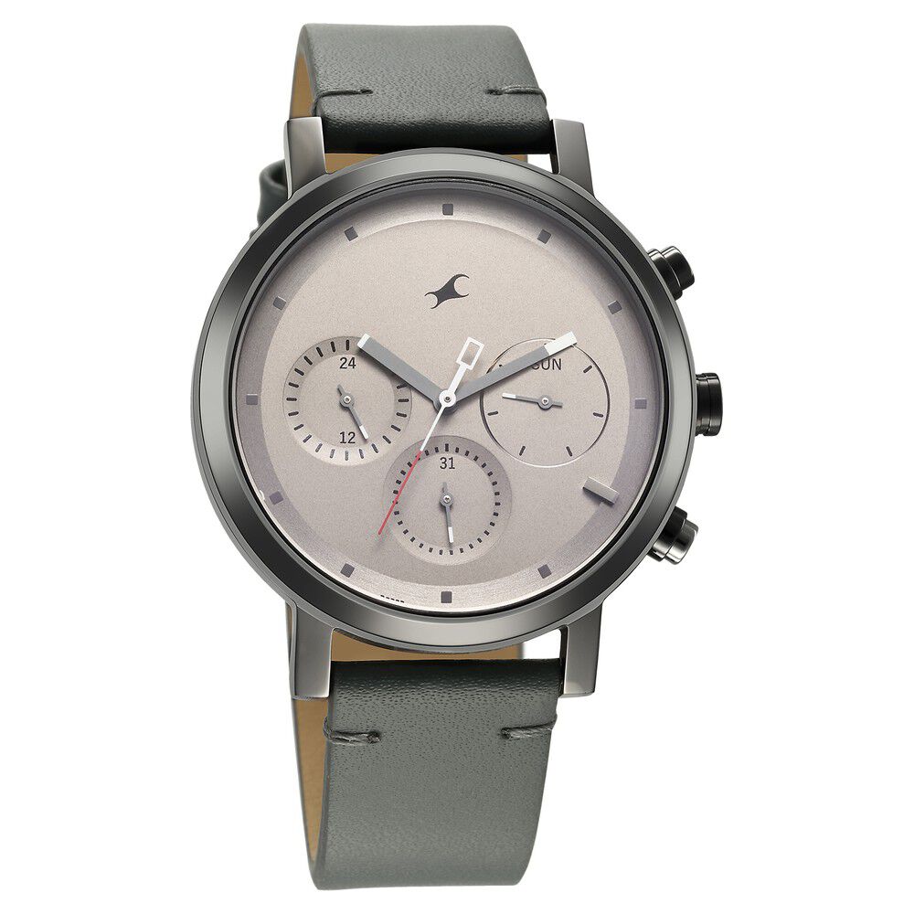 Fastrack Tick Tock Quartz Analog Grey Dial With Grey Leather Strap Watch for Guys 3287KL05