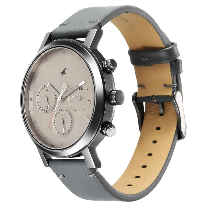 Fastrack Tick Tock Quartz Analog Grey Dial With Grey Leather Strap Watch for Guys 3287KL05