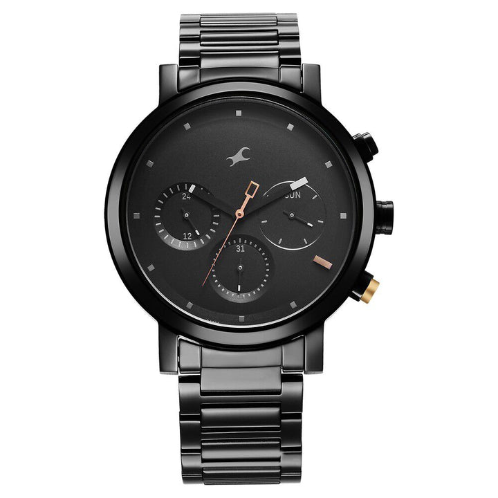 Fastrack Tick Tock Quartz Analog Black Dial With Black Stainless steel Strap Watch for Guys 3287KM06