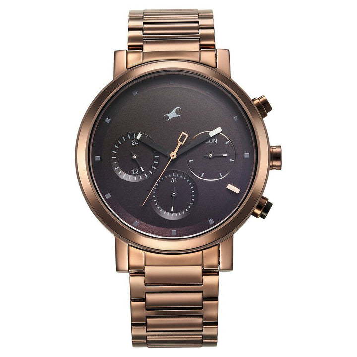 Fastrack Tick Tock Quartz Analog Black Dial With Brown Stainless steel Strap Watch for Guys 3287KM07