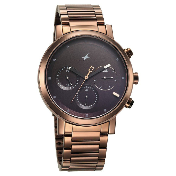 Fastrack Tick Tock Quartz Analog Black Dial With Brown Stainless steel Strap Watch for Guys 3287KM07
