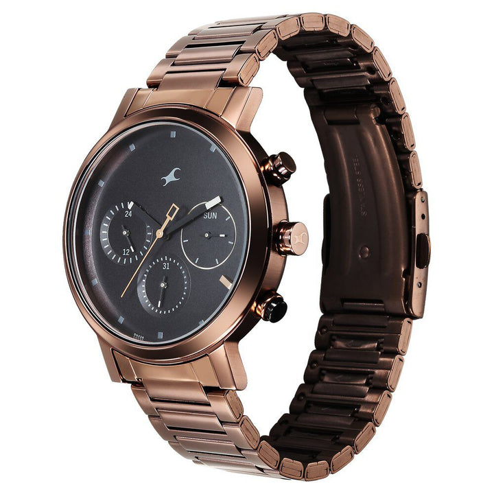 Fastrack Tick Tock Quartz Analog Black Dial With Brown Stainless steel Strap Watch for Guys 3287KM07