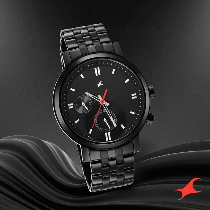 Fastrack Tick Tock Quartz Multifunction Black Dial Metal Strap Watch for Guys NS3287NM01