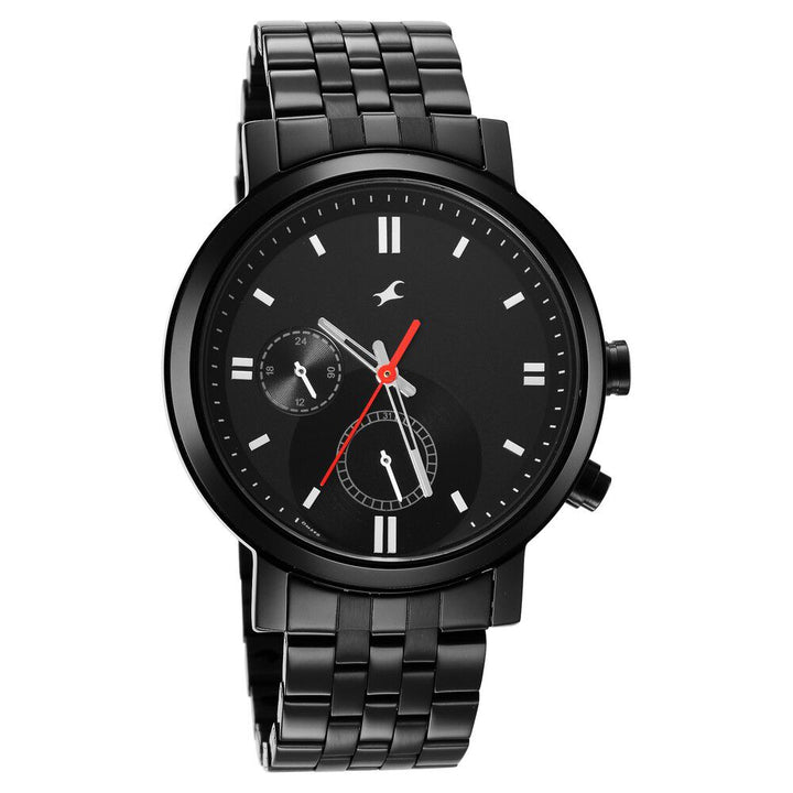 Fastrack Tick Tock Quartz Multifunction Black Dial Metal Strap Watch for Guys NS3287NM01