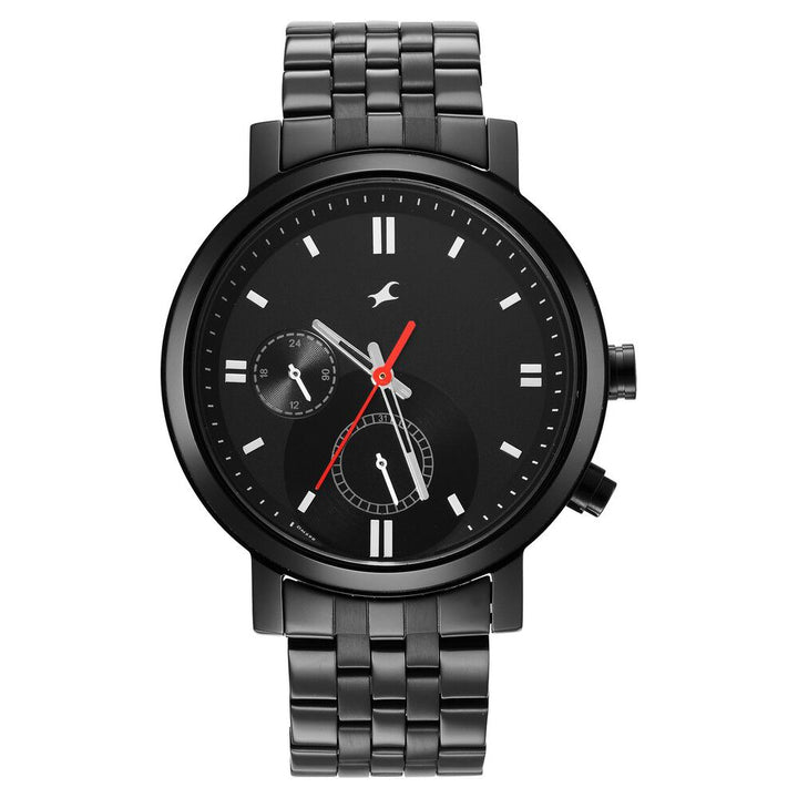 Fastrack Tick Tock Quartz Multifunction Black Dial Metal Strap Watch for Guys NS3287NM01