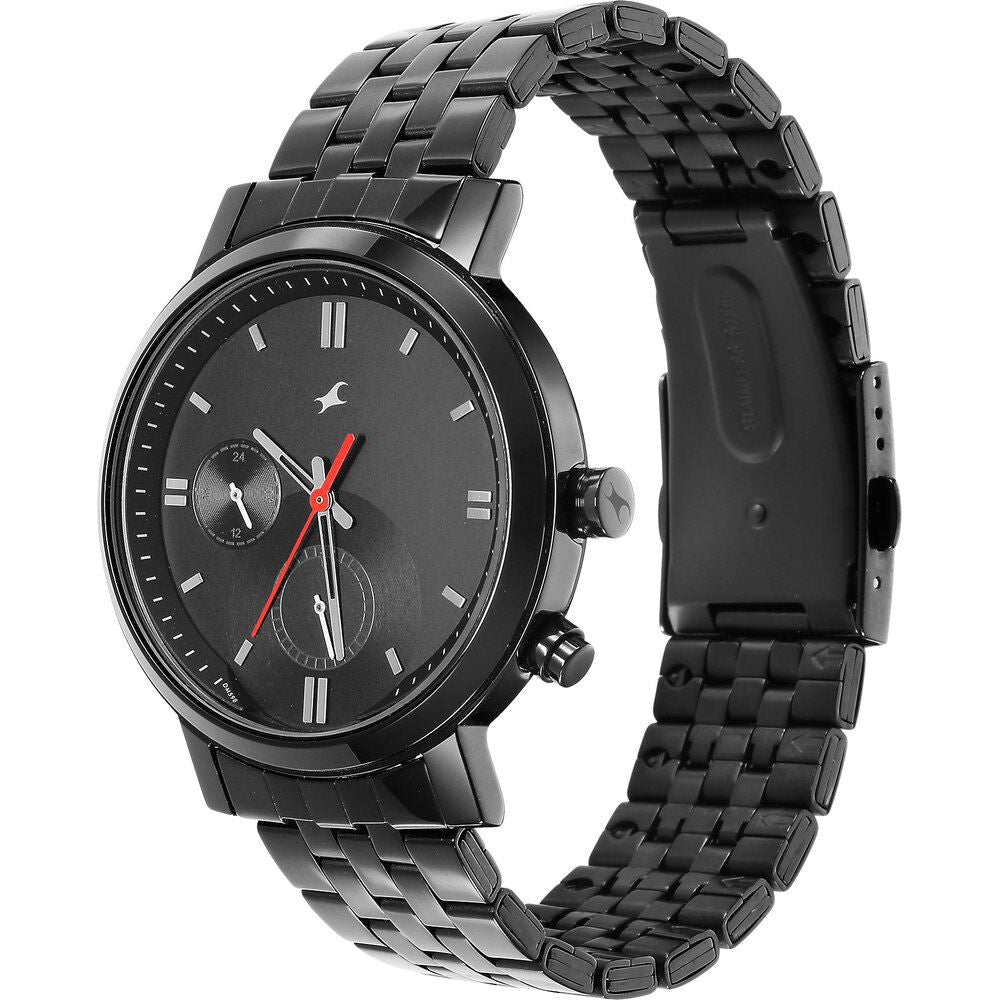 Fastrack Tick Tock Quartz Multifunction Black Dial Metal Strap Watch for Guys NS3287NM01