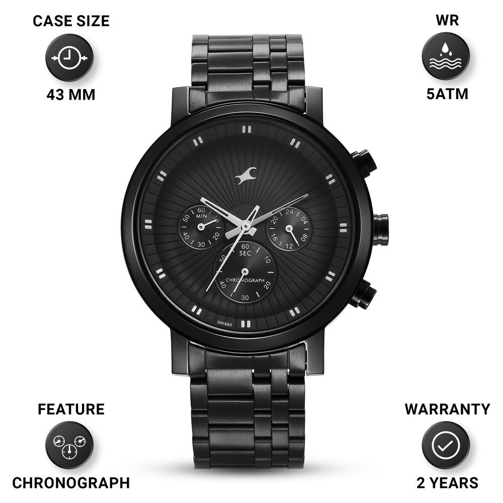 Fastrack Kronos Multifunction Black Dial Stainless Steel Strap Watch for Guys NS3287NM02