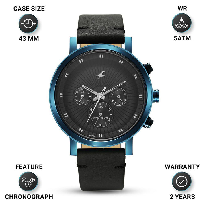 Fastrack Kronos Multifunction Black Dial Leather Strap Watch for Guys NS3287QL01