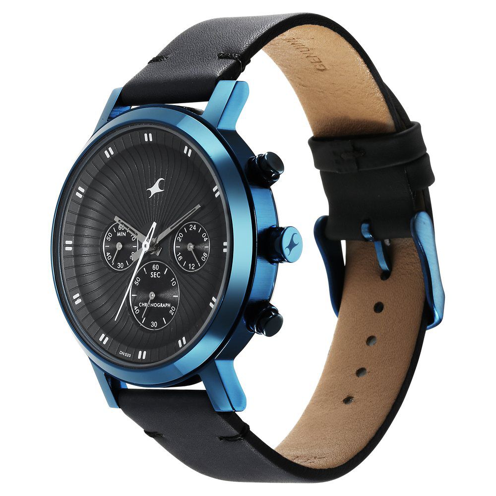 Fastrack Kronos Multifunction Black Dial Leather Strap Watch for Guys NS3287QL01