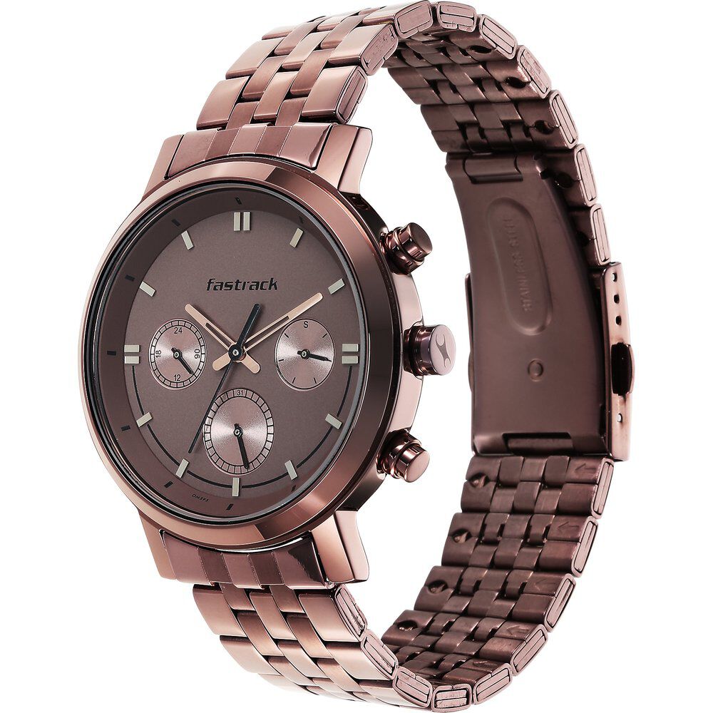 Fastrack Tick Tock Quartz Multifunction Brown Dial Metal Strap Watch for Guys NS3287QM01