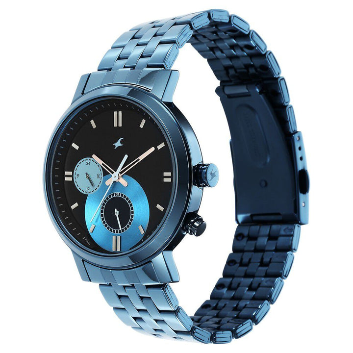 Fastrack Tick Tock Quartz Multifunction Black Dial Metal Strap Watch for Guys NS3287QM02