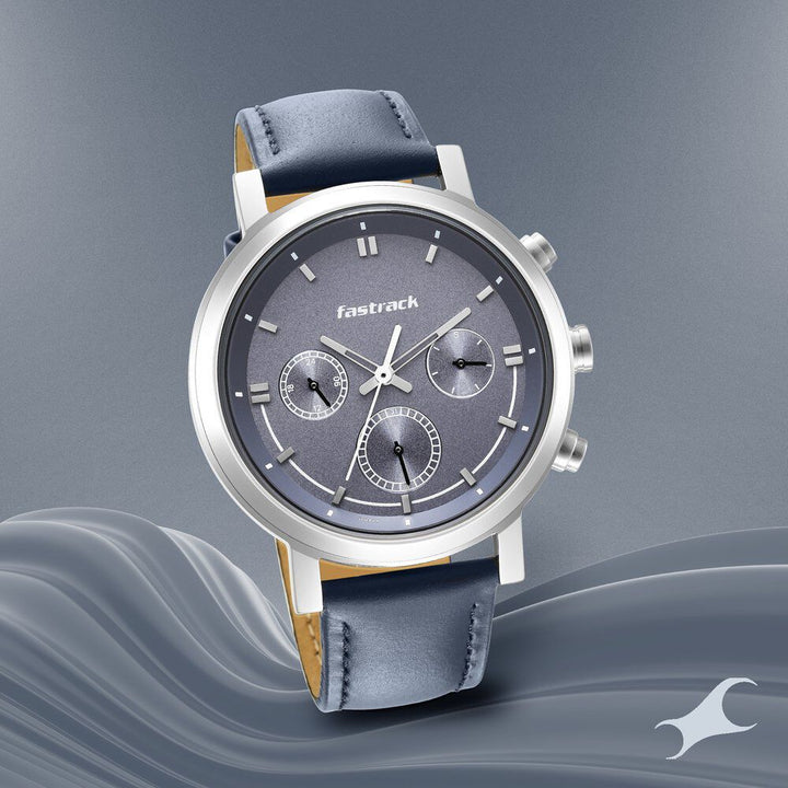 Fastrack Tick Tock Quartz Multifunction Blue Dial Leather Strap Watch for Guys NS3287SL01