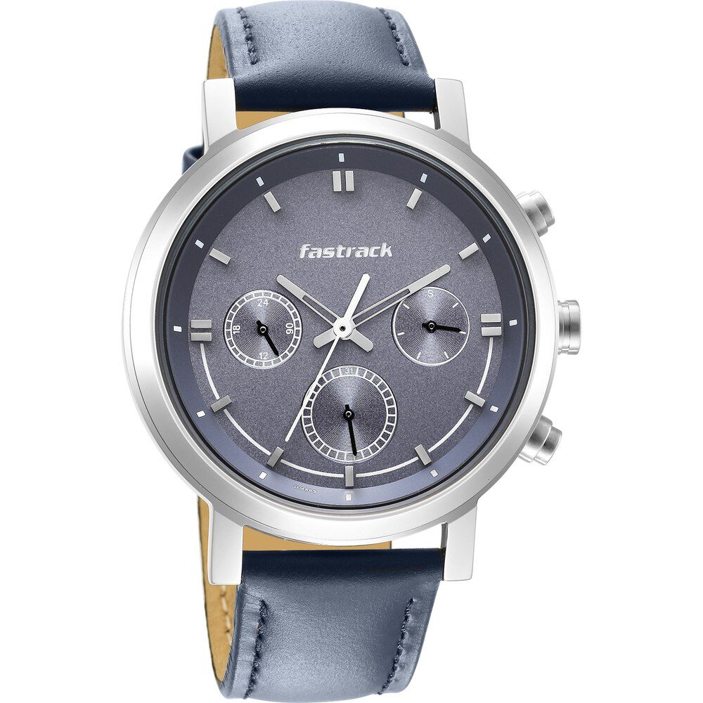 Fastrack Tick Tock Quartz Multifunction Blue Dial Leather Strap Watch for Guys NS3287SL01