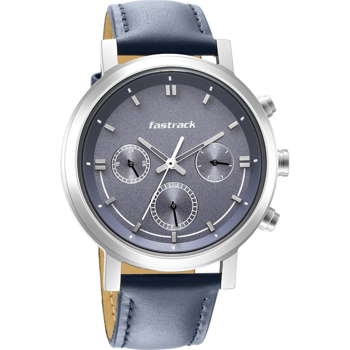 Fastrack Tick Tock Quartz Multifunction Blue Dial Leather Strap Watch for Guys NS3287SL01
