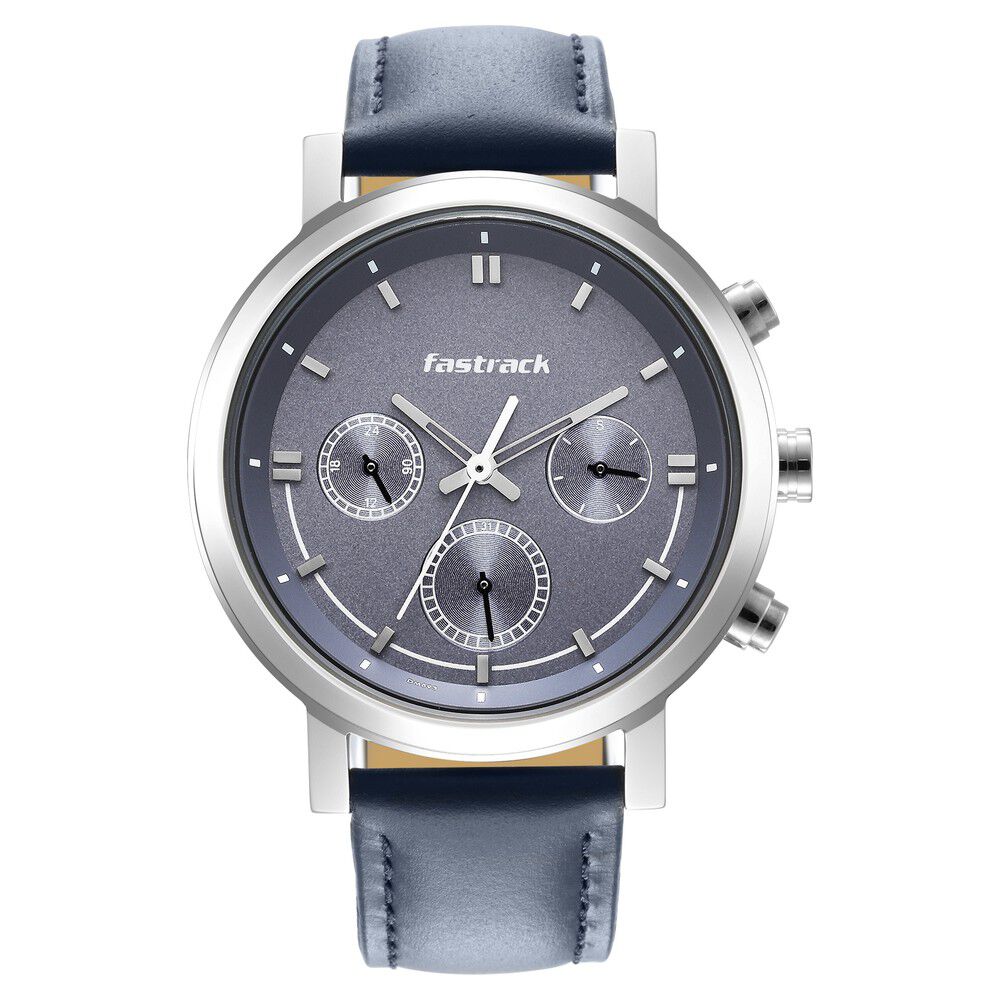 Fastrack Tick Tock Quartz Multifunction Blue Dial Leather Strap Watch for Guys NS3287SL01