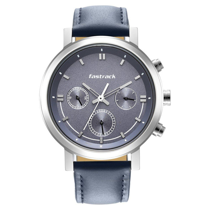 Fastrack Tick Tock Quartz Multifunction Blue Dial Leather Strap Watch for Guys NS3287SL01