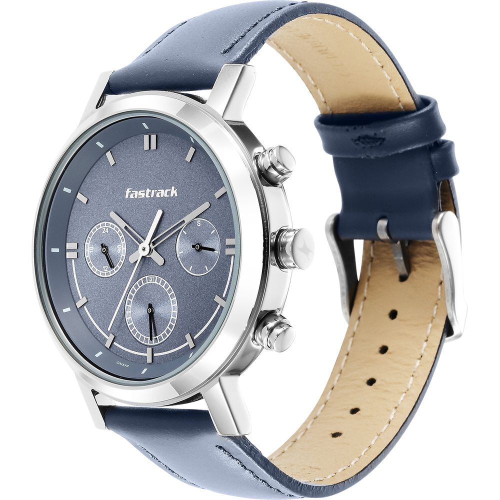 Fastrack Tick Tock Quartz Multifunction Blue Dial Leather Strap Watch for Guys NS3287SL01