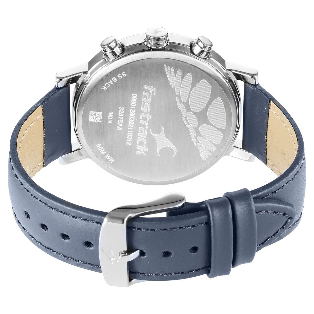 Fastrack Tick Tock Quartz Multifunction Blue Dial Leather Strap Watch for Guys NS3287SL01