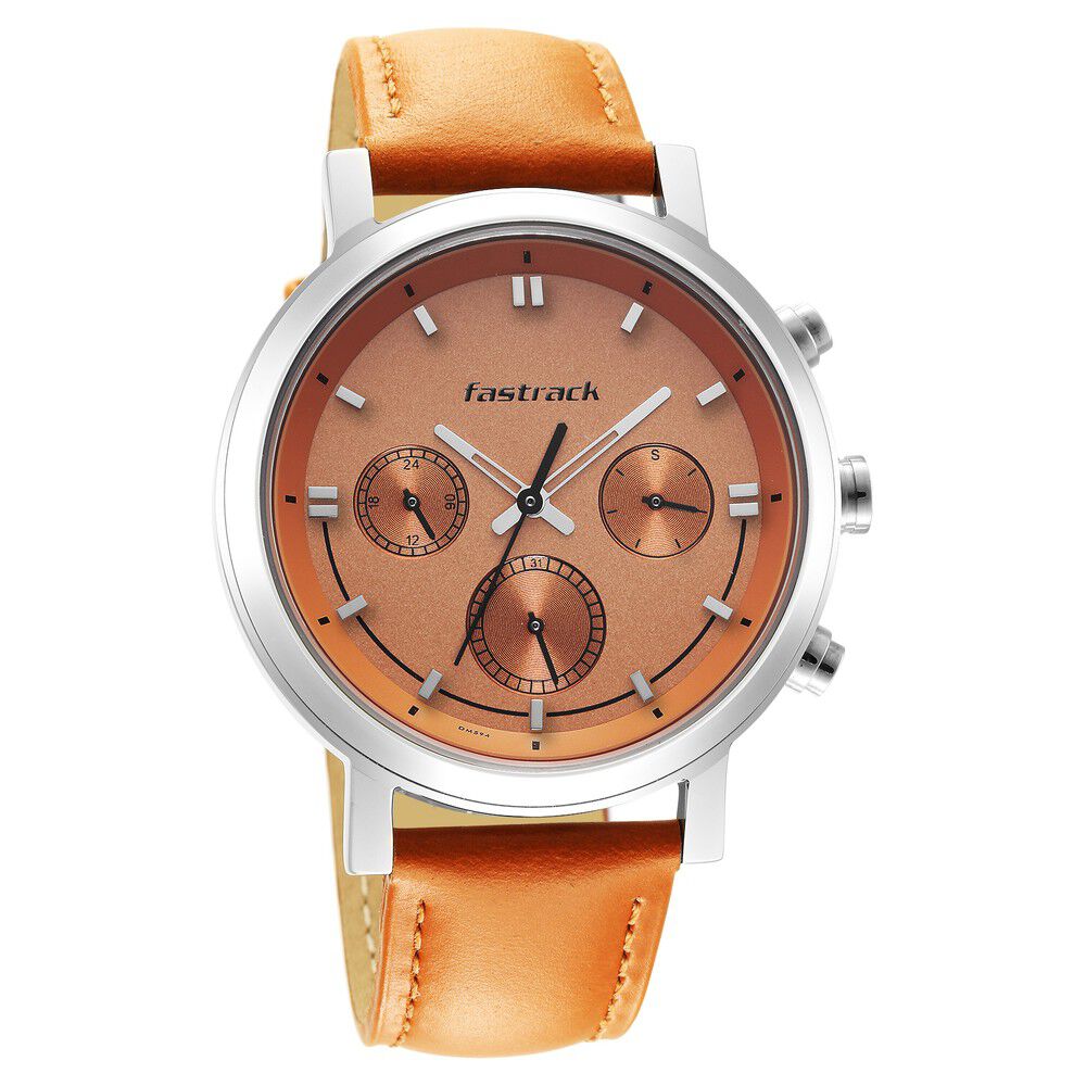 Fastrack Tick Tock Quartz Multifunction Orange Dial Leather Strap Watch for Guys 3287SL02