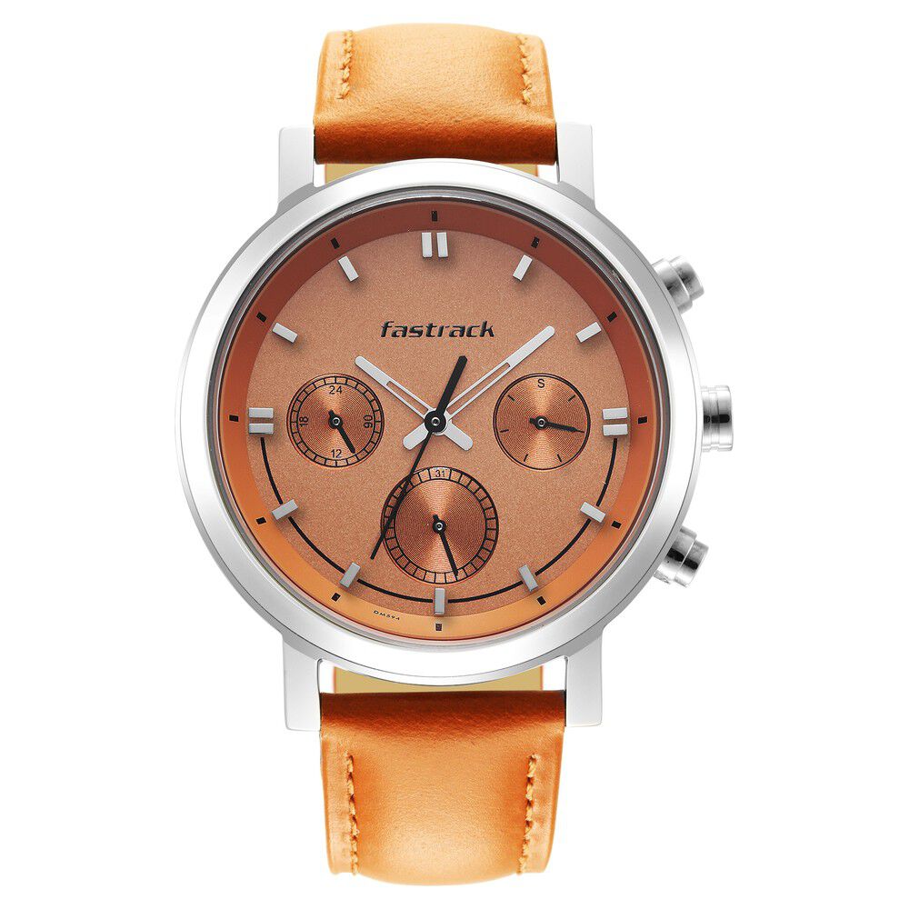 Fastrack Tick Tock Quartz Multifunction Orange Dial Leather Strap Watch for Guys 3287SL02