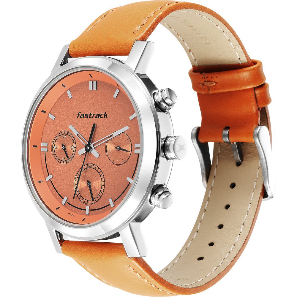 Fastrack Tick Tock Quartz Multifunction Orange Dial Leather Strap Watch for Guys 3287SL02