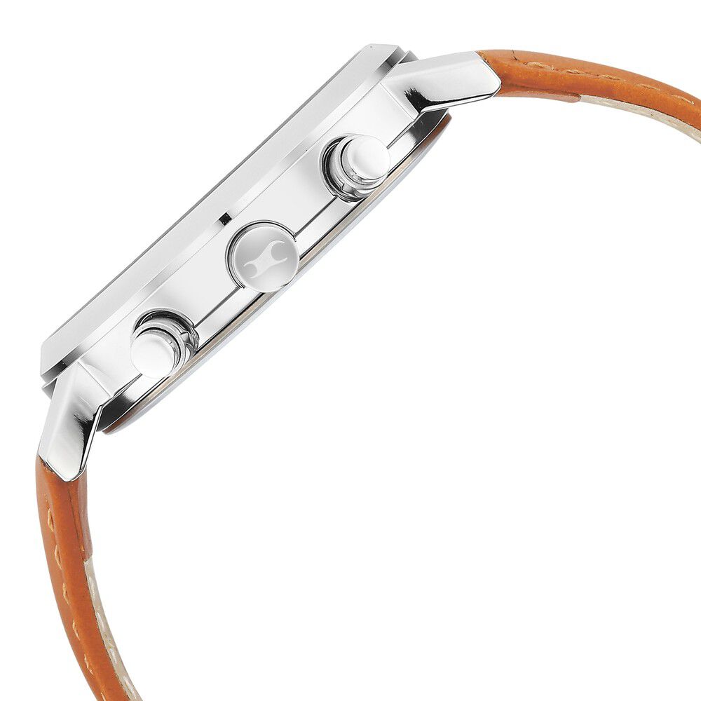 Fastrack Tick Tock Quartz Multifunction Orange Dial Leather Strap Watch for Guys 3287SL02