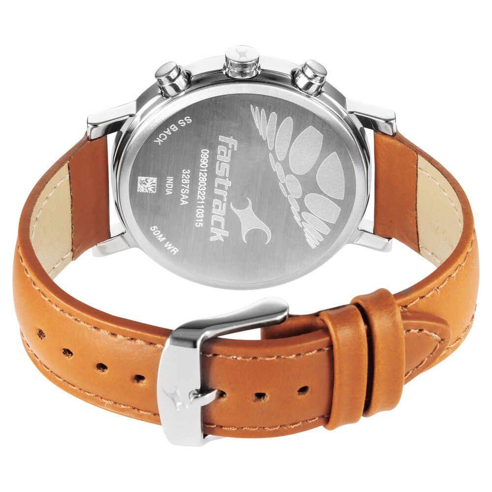 Fastrack Tick Tock Quartz Multifunction Orange Dial Leather Strap Watch for Guys 3287SL02
