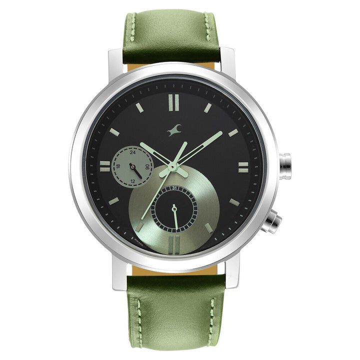 Fastrack Tick Tock Quartz Multifunction Black Dial Leather Strap Watch for Guys NS3287SL03