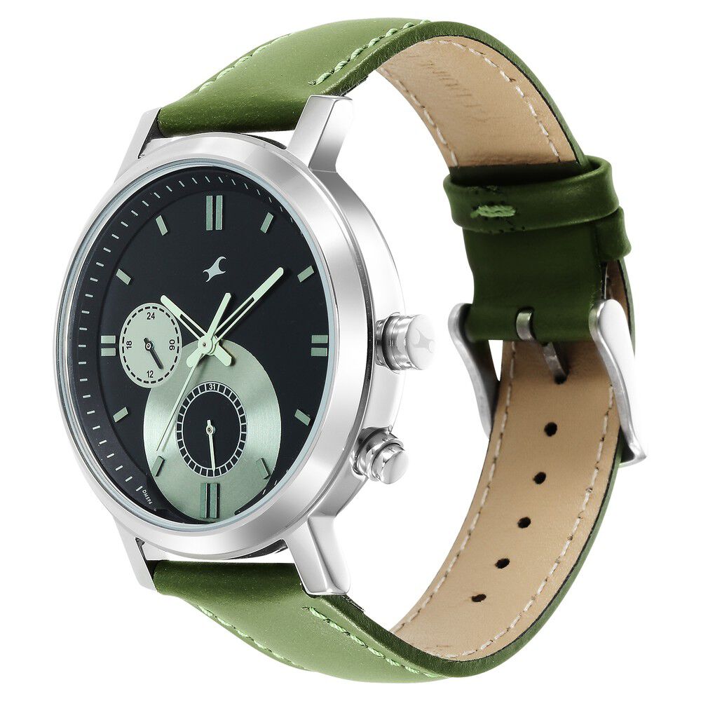 Fastrack Tick Tock Quartz Multifunction Black Dial Leather Strap Watch for Guys NS3287SL03