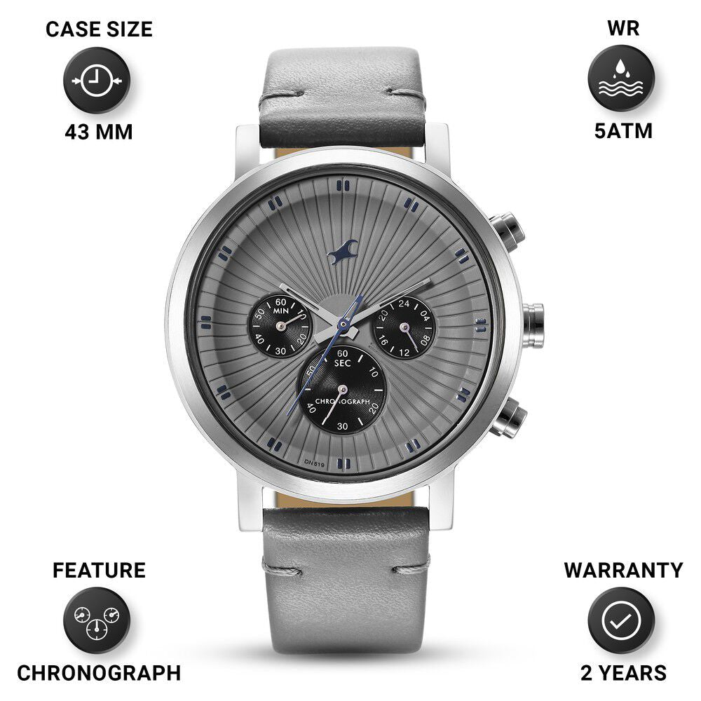 Fastrack Kronos Multifunction Grey Dial Leather Strap Watch for Guys NS3287SL05