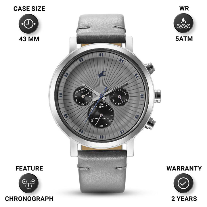 Fastrack Kronos Multifunction Grey Dial Leather Strap Watch for Guys NS3287SL05