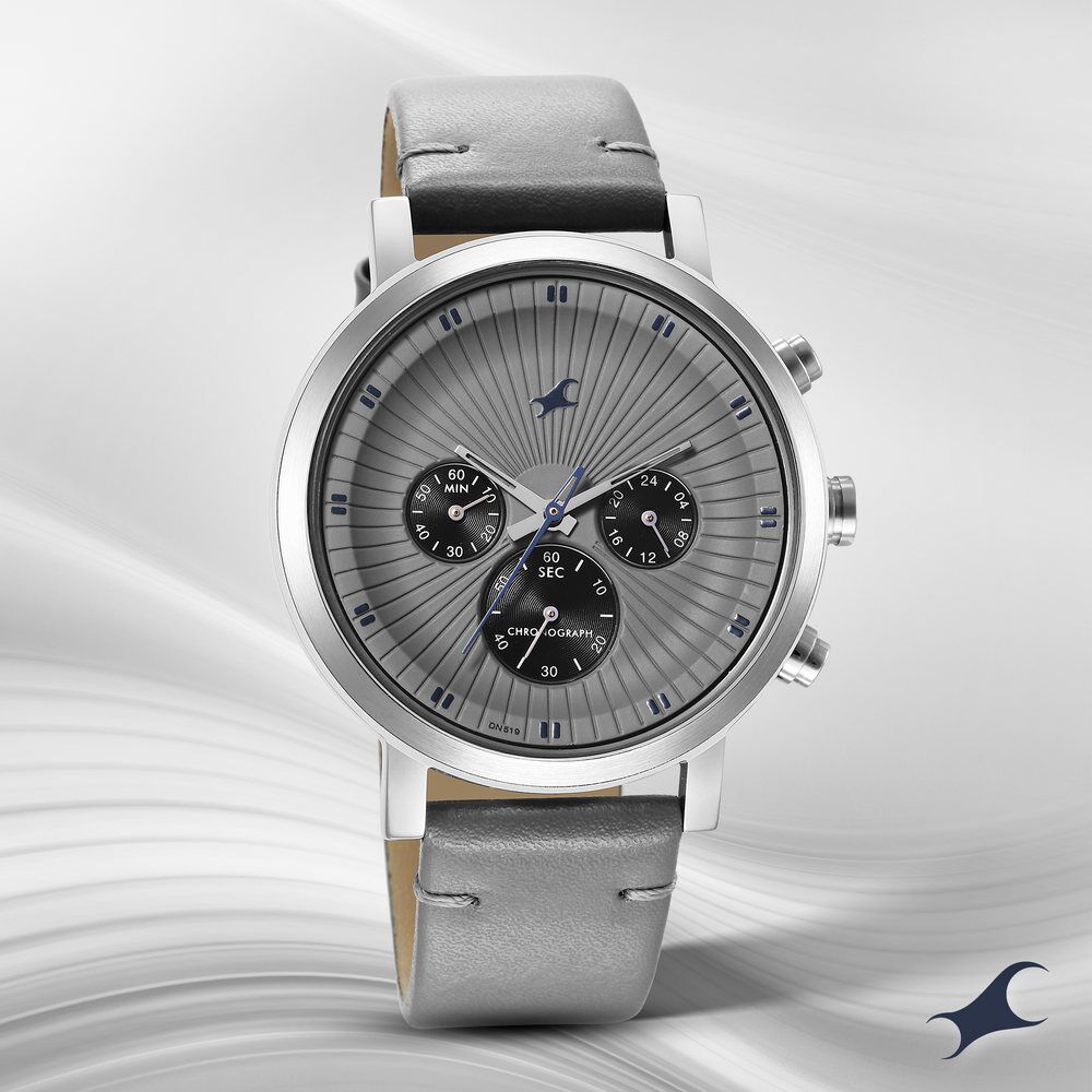 Fastrack Kronos Multifunction Grey Dial Leather Strap Watch for Guys NS3287SL05
