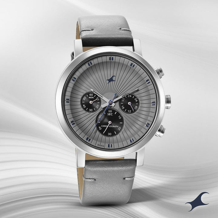 Fastrack Kronos Multifunction Grey Dial Leather Strap Watch for Guys NS3287SL05