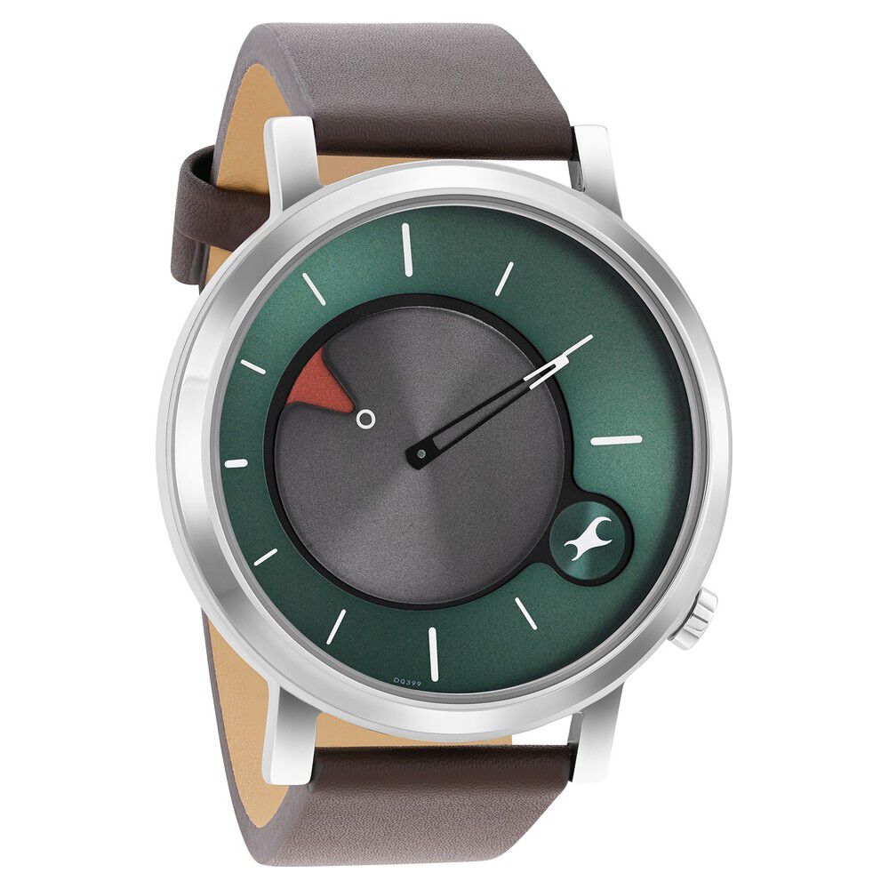 Fastrack MetaWe Quartz Analog Green Dial Leather Strap Watch For Guys 3287SL06