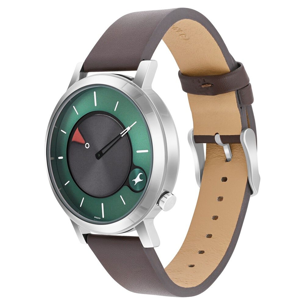 Fastrack MetaWe Quartz Analog Green Dial Leather Strap Watch For Guys 3287SL06