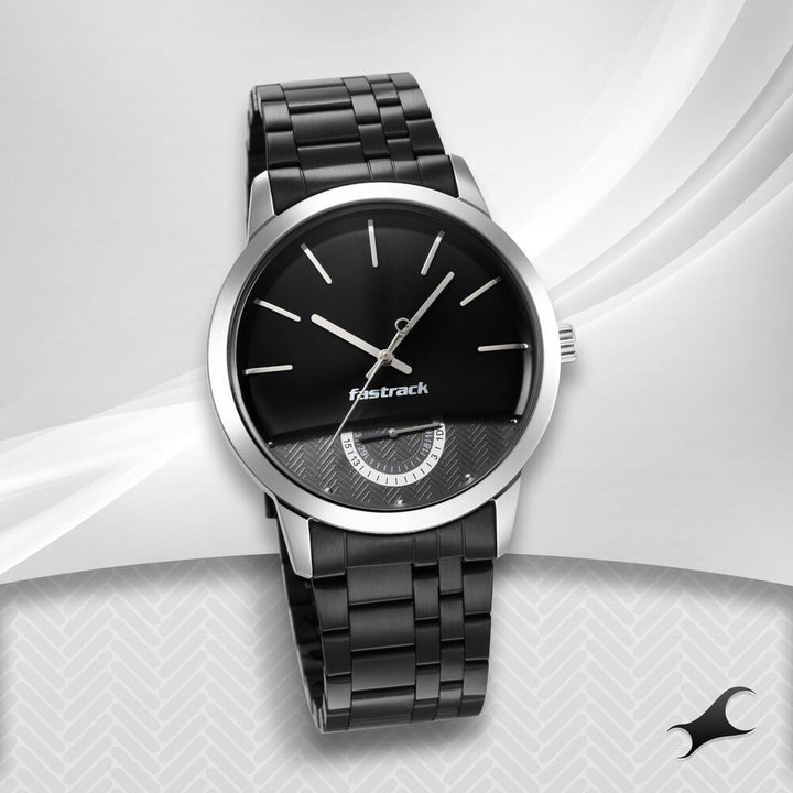Fastrack Opulence Quartz Analog with Date Black Dial Stainless Steel Strap Watch for Guys NS3289KM01