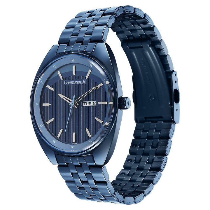 Fastrack Snob X Blue Dial Metal Strap Watch for Guys NS3292QM01