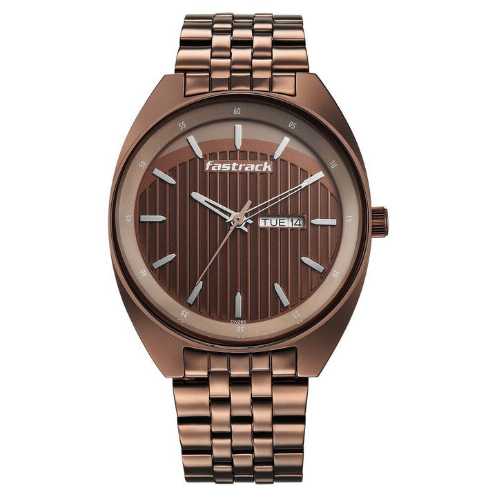 Fastrack Snob X Brown Dial Metal Strap Watch for Guys NS3292QM02