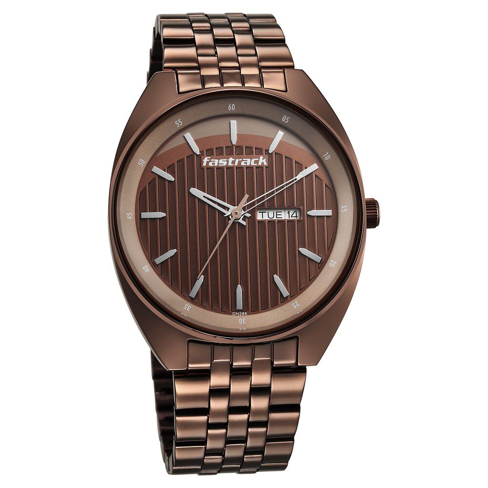 Fastrack Snob X Brown Dial Metal Strap Watch for Guys NS3292QM02