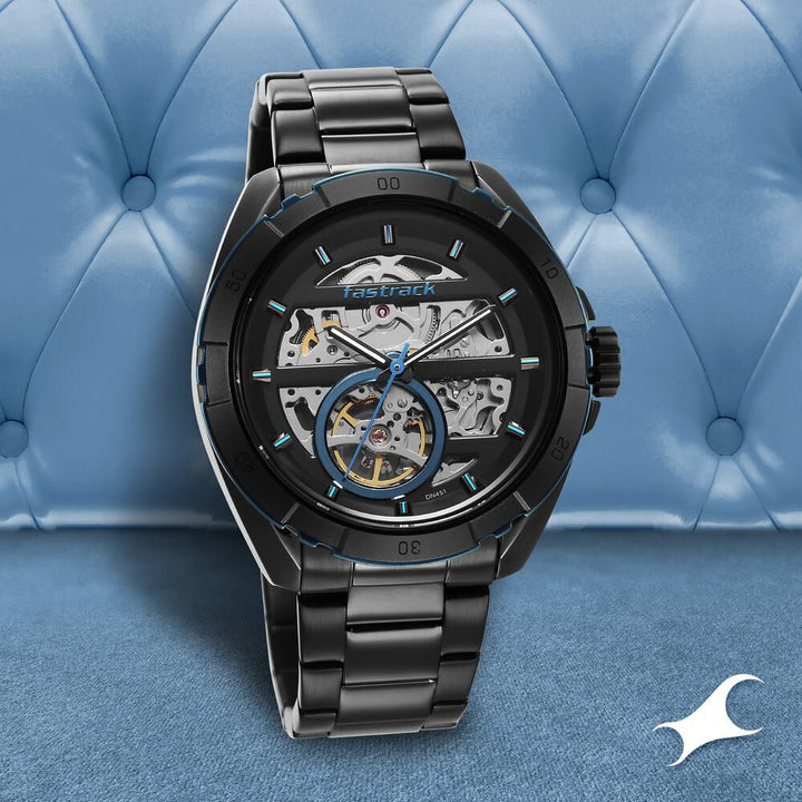 Fastrack Automatics Black Dial Stainless Steel Strap Watch for Guys NS3297KM02