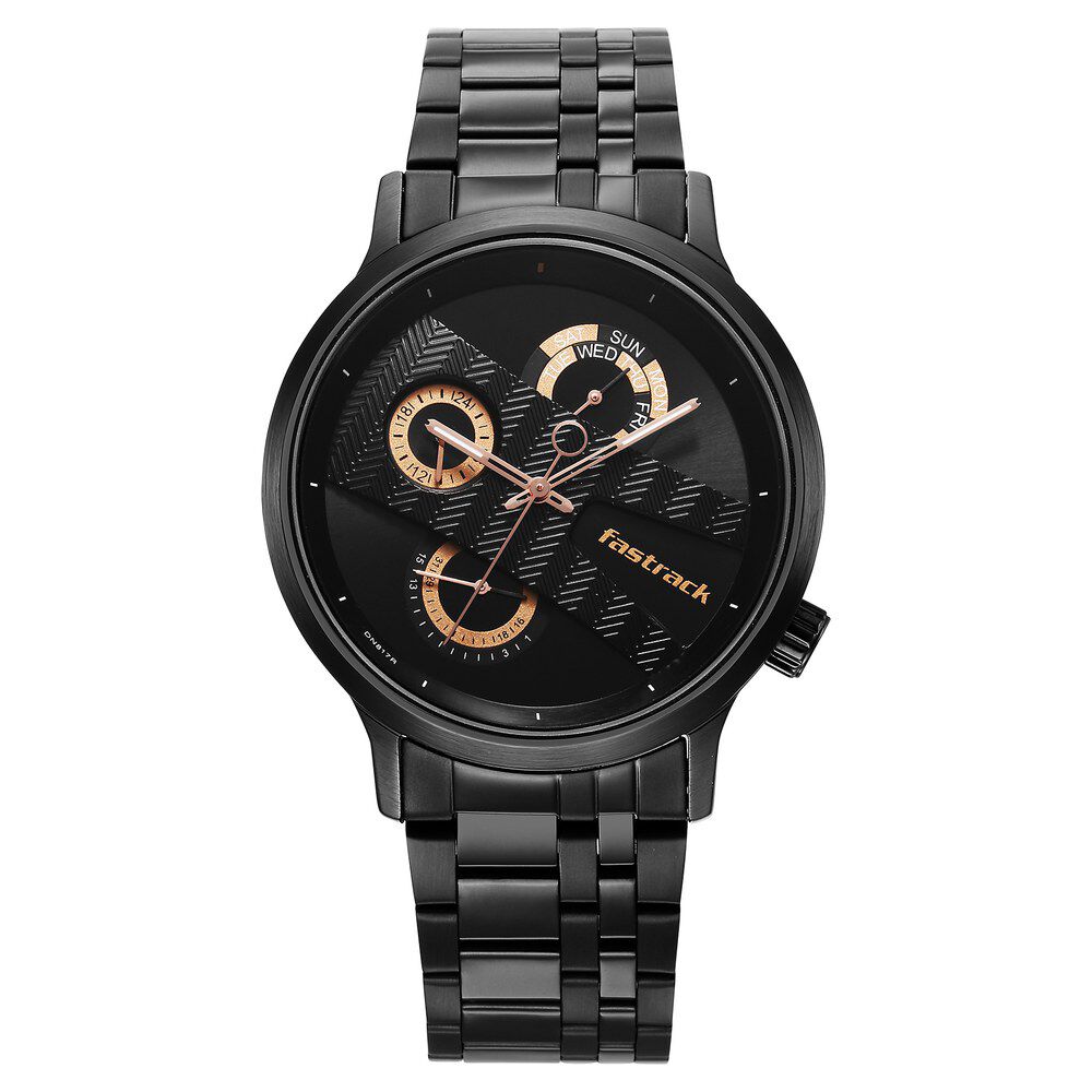 Fastrack Exuberant Quartz Multifunction Black Dial Stainless Steel Strap Watch for Guys NS3301NM01