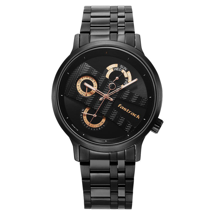 Fastrack Exuberant Quartz Multifunction Black Dial Stainless Steel Strap Watch for Guys NS3301NM01
