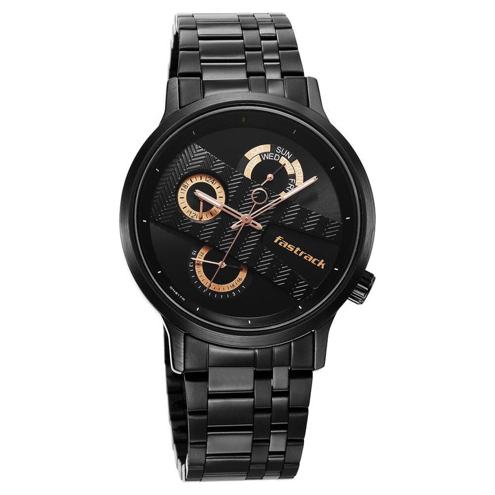 Fastrack Exuberant Quartz Multifunction Black Dial Stainless Steel Strap Watch for Guys NS3301NM01