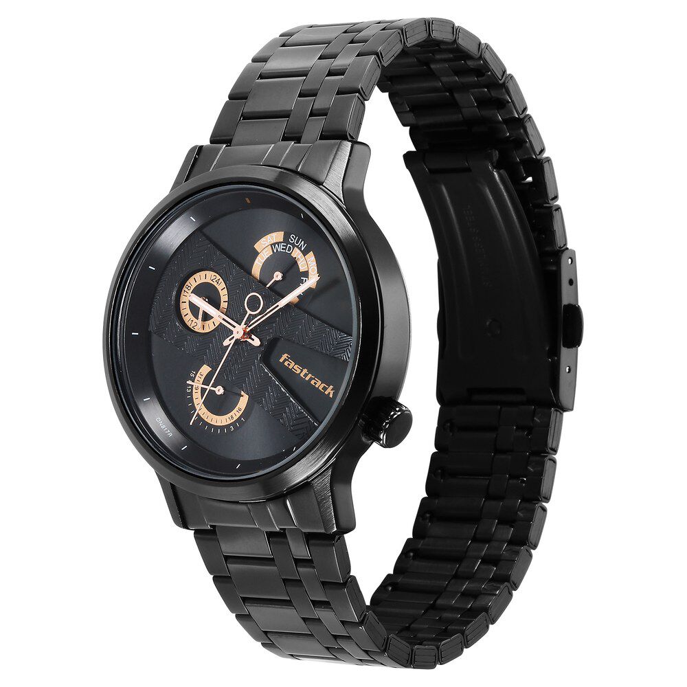 Fastrack Exuberant Quartz Multifunction Black Dial Stainless Steel Strap Watch for Guys NS3301NM01