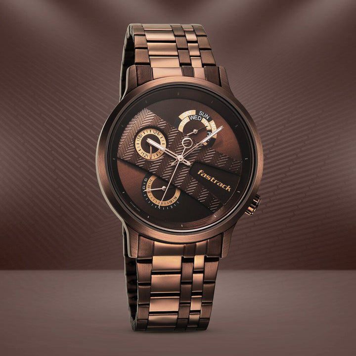 Fastrack Exuberant Quartz Multifunction Brown Dial Stainless Steel Strap Watch for Guys NS3301QM01