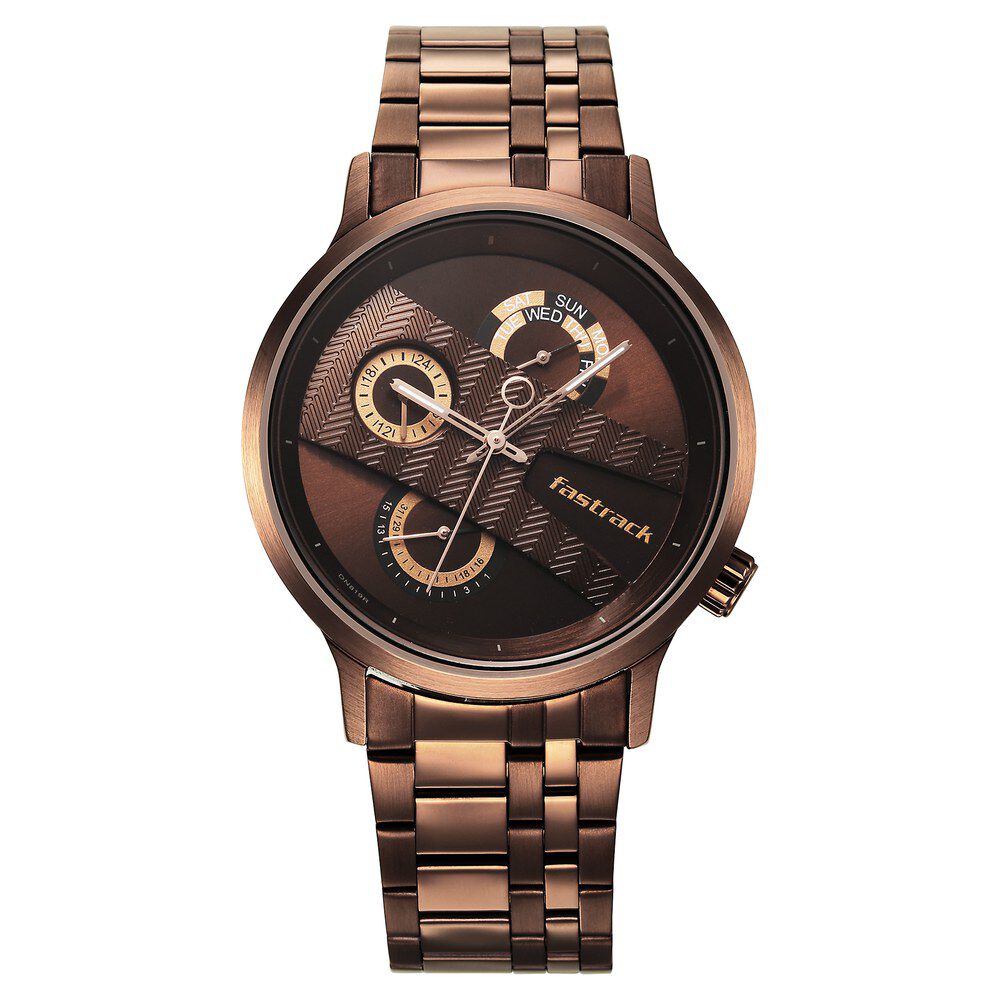 Fastrack Exuberant Quartz Multifunction Brown Dial Stainless Steel Strap Watch for Guys NS3301QM01